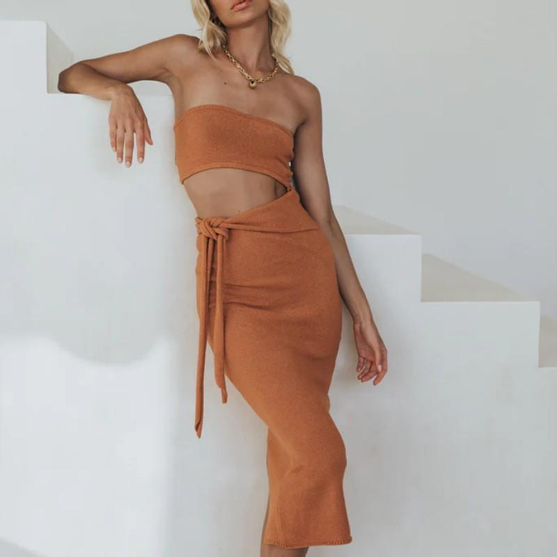 Womens Knit Midi Dress With Cutout Back Strapless Sleeveless Bodycon Streetwear Small