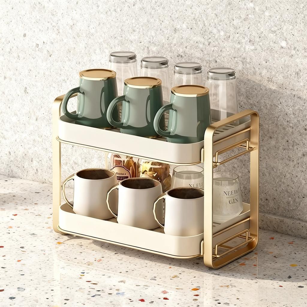 2-Tier Standing Cup Holder & Drying Rack-Multifunctional Wine/Tea/Coffee Cup Storage with Drip Tray Practical Kitchen Organizer