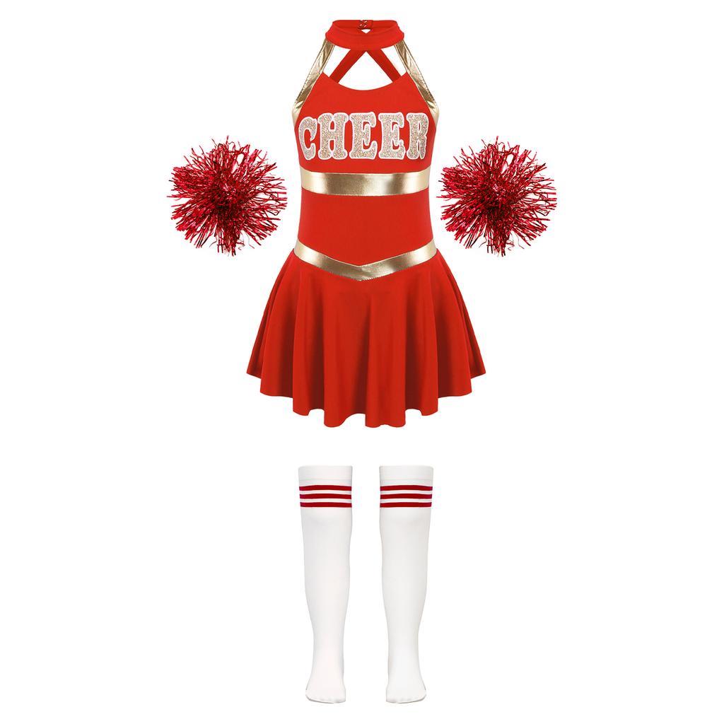 Girls Cheer Costume Sleeveless Crisscross Back Letter Print Patchwork Dress Pom Poms Striped Socks Set