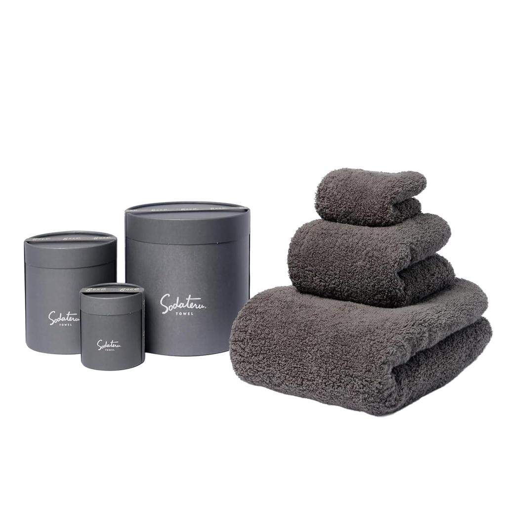 Feel" Sodateru Towel Set (3 Sizes) - Charcoal (Gray) - 60x120cm/34x85cm/20x40cm - 100% Cotton - Boxed (SD-FEEL-BFPCH)