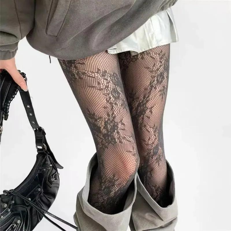 Women Sexy Hollow Out Mesh Fishnet Pantyhose Lolita Sweet Girls Punk Style Floral Tights Colorful Thigh High Stockings Lingerie