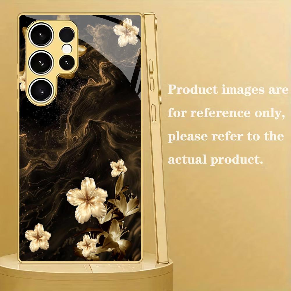 Golden Flower Electroplated Glass Phone Case Suitable for Samsung Galaxy S26 S25 S24 S23 S22 S20 FE/Ultra/Plus5G Anti Drop