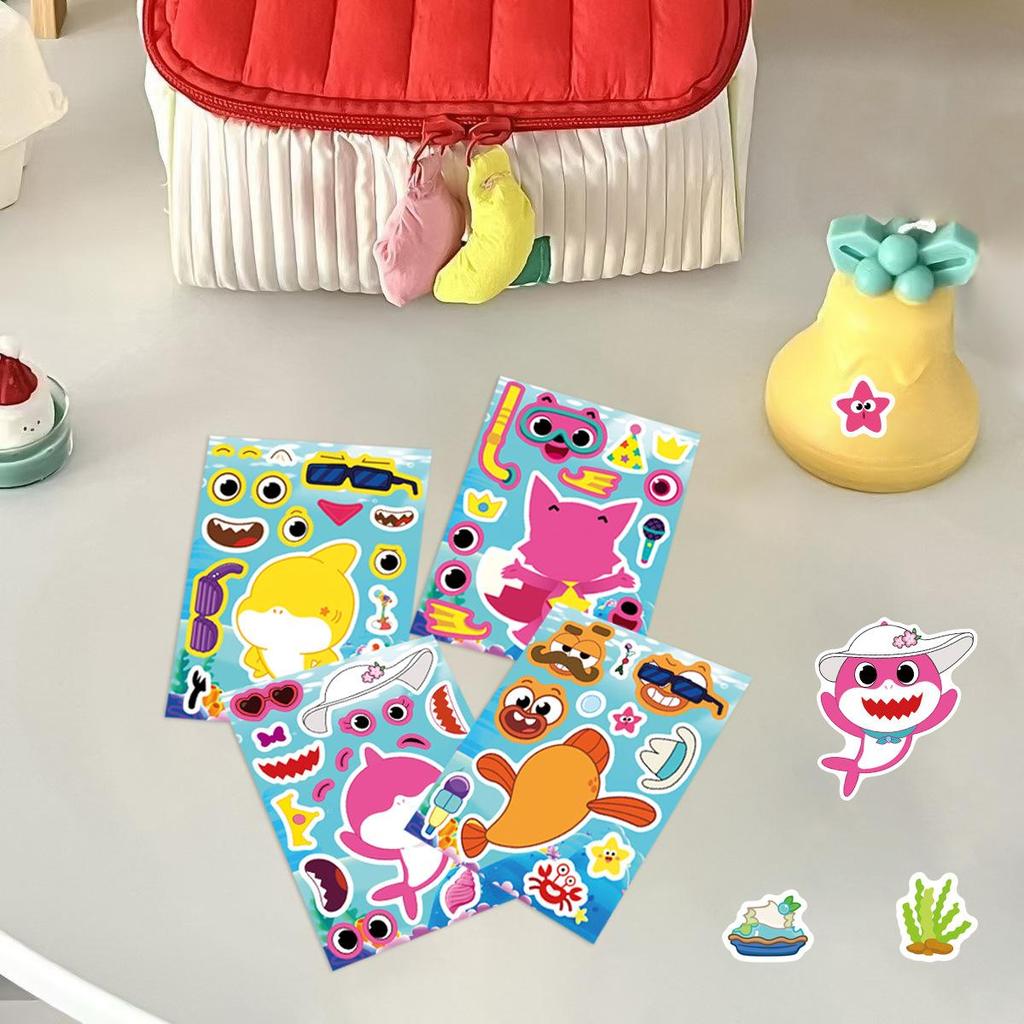 8PCS Shark Make a Face Sticker Set, DIY Cartoon Shark Puzzle Decals for Notebook Diary Fridge Suitcase, Funny Removable Face Swap Stickers