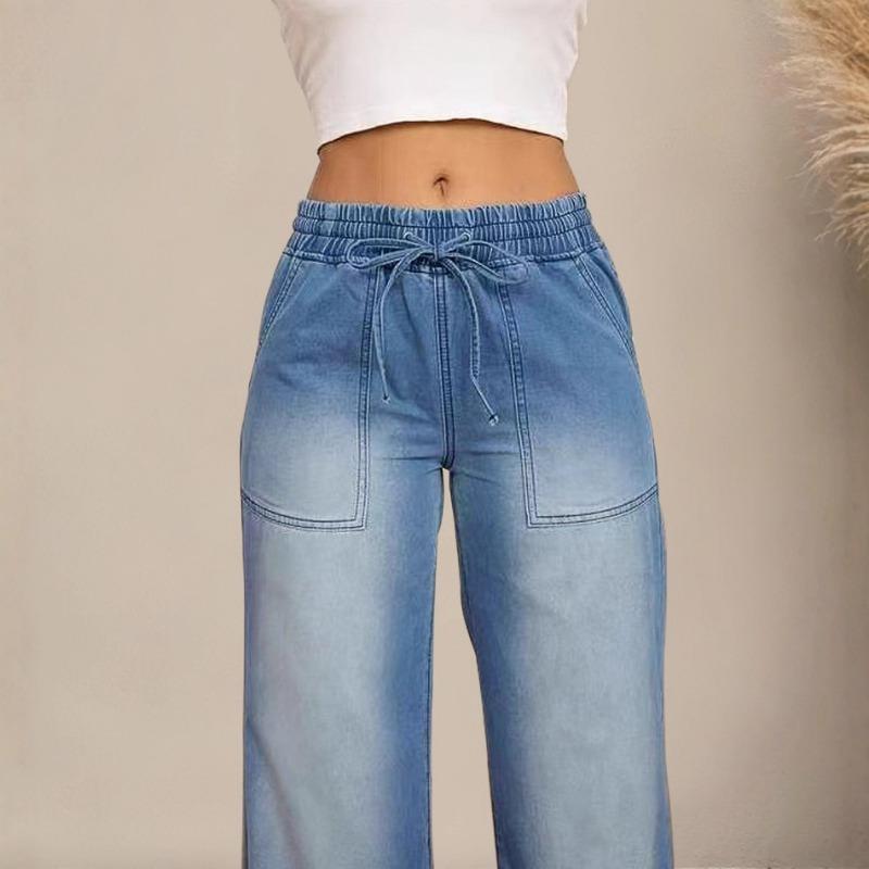Women S Wide Leg Drawstring Elastic Waist Relaxed Fit Casual Denim Jeans