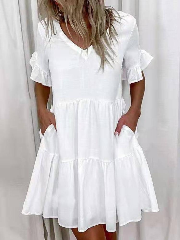 

Женское платье с цветочным принтом, короткими рукавами, оборкой по низу и карманами, повседневное летнее платье с V-образным вырезом S белый