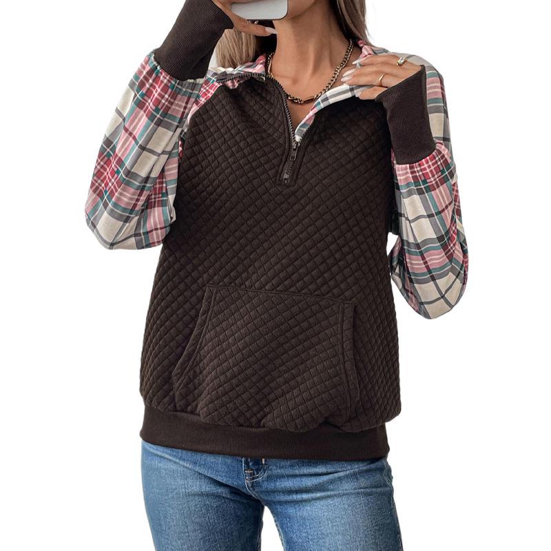 100% Clothing TEMU2026 Retro Plaid Patchwork Half Zip Stand Collar Hoodie