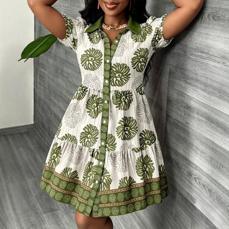 Plus Size Women Polo Collar Patchwork Puff Sleeve Casual A Line Short Mini Dress