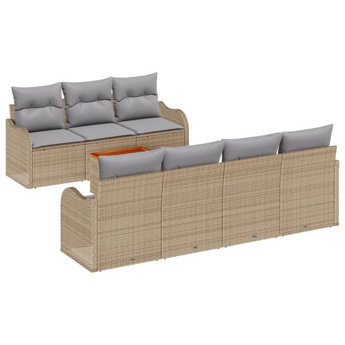 Canapé de jardin 8 pièces avec coussins beige poly rattan acacia, Canapé de jardin 2 places avec rangement et coussins beige 3356082