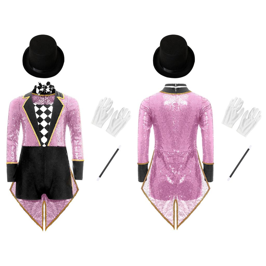Complete Kids Magician Halloween Costume Set: Sequin Checkerboard Tailcoat Bodysuit with Hat, Bow Tie, Gloves & Magic Wand