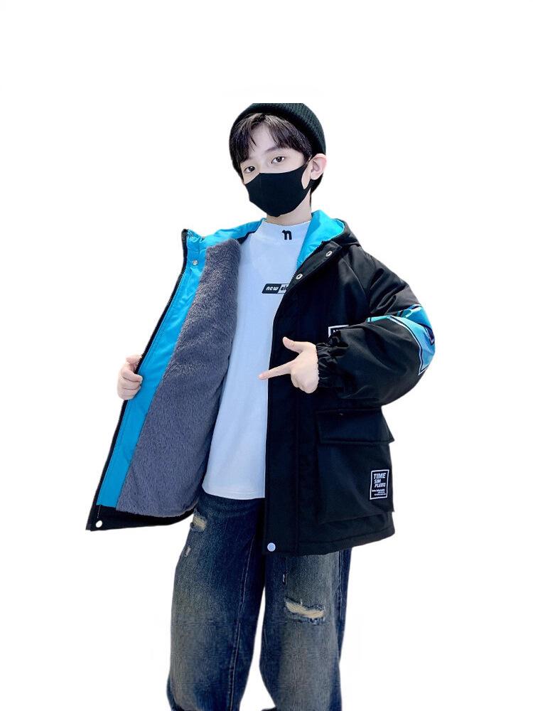 Boys' 2025 Winter Cotton-Padded Fleece-Lined Parka with Rabbit Fur