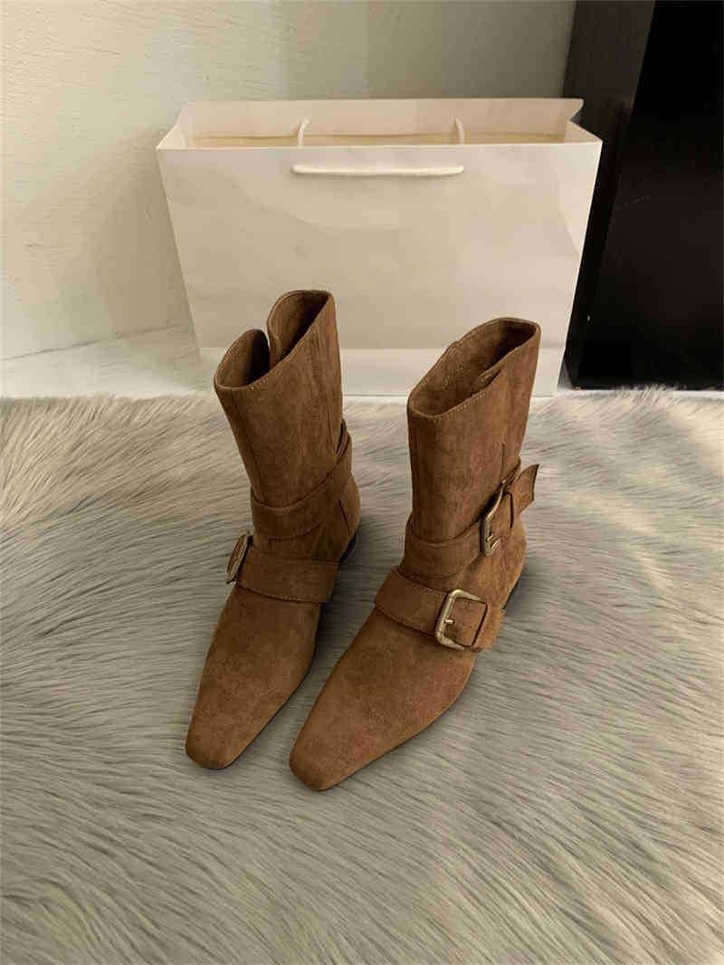 Boots New Season Retro Square Head Suede Short Boots Thick Heel Wide Boots Foldable Brown Western Boots 40