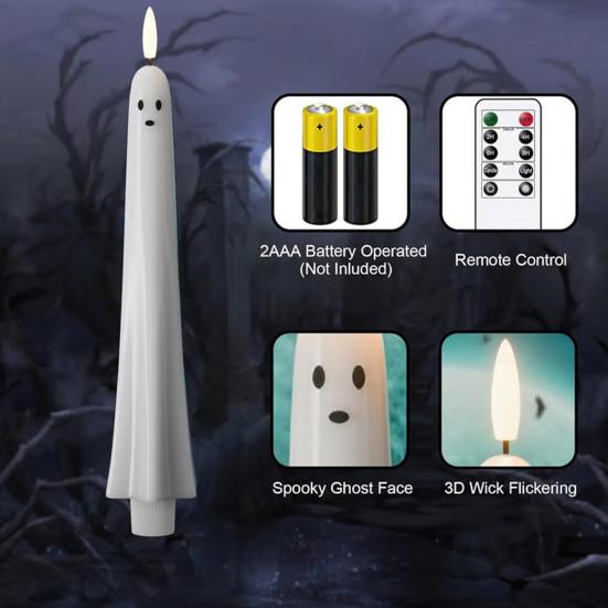 2/4Pcs Halloween Ghost Candle Light with Remote Timer Battery Powered Flickering Flameless Taper Candle