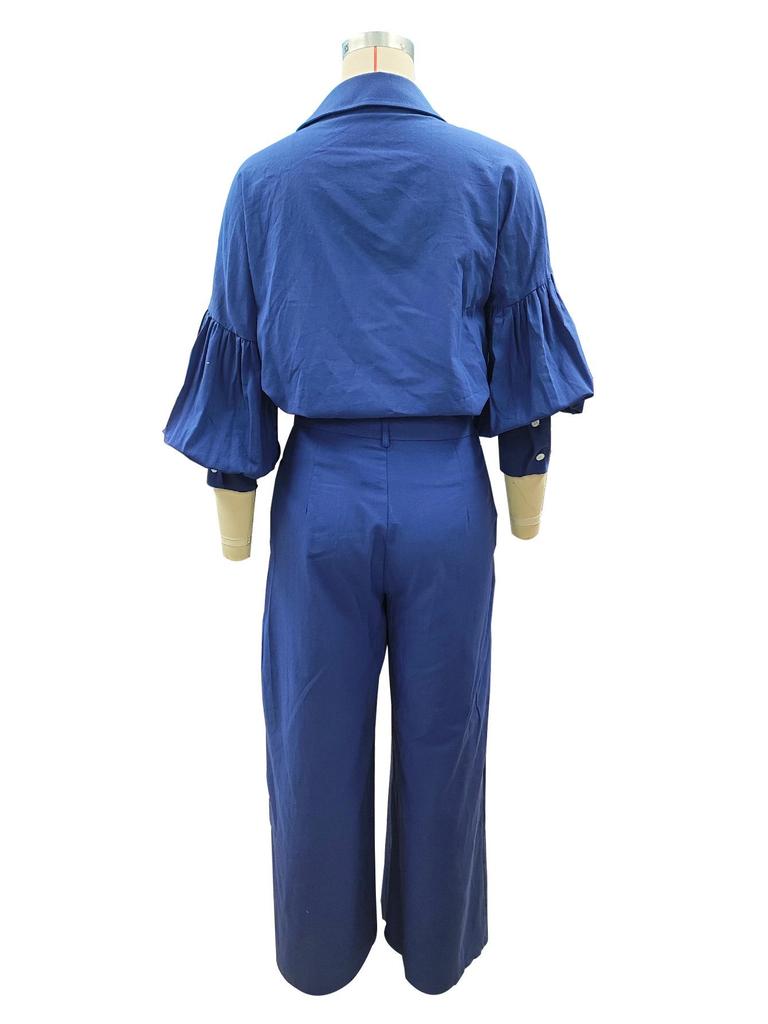 Autumn 2025 Solid Color Cotton Linen Two-Piece Set: Long Sleeve Shirt & Wide Leg Pants