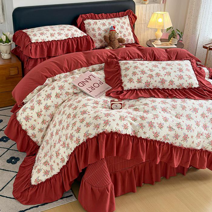 Spring/Summer Washed Cotton Lace Quilt Bedspread Set - 4 Pieces, Machine Washable