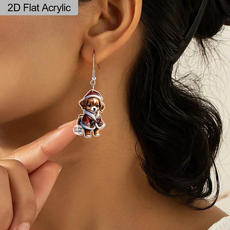 2D Flat Cute Christmas Dog Earrings Dangle Jewelry for Girls Women Gifts Charms