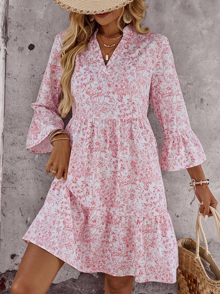 European & American Style Floral Bell Sleeve V-neck Midi Dress for Women