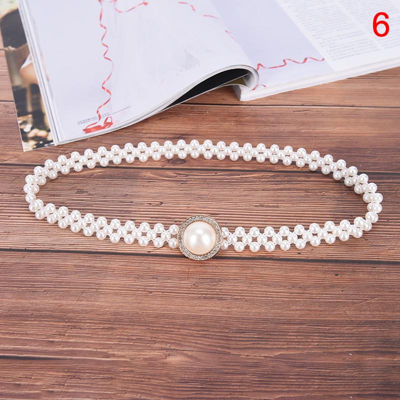 Women Ladies Pearls Beads Chain Belt Stretchy Flower Buckle Waistband