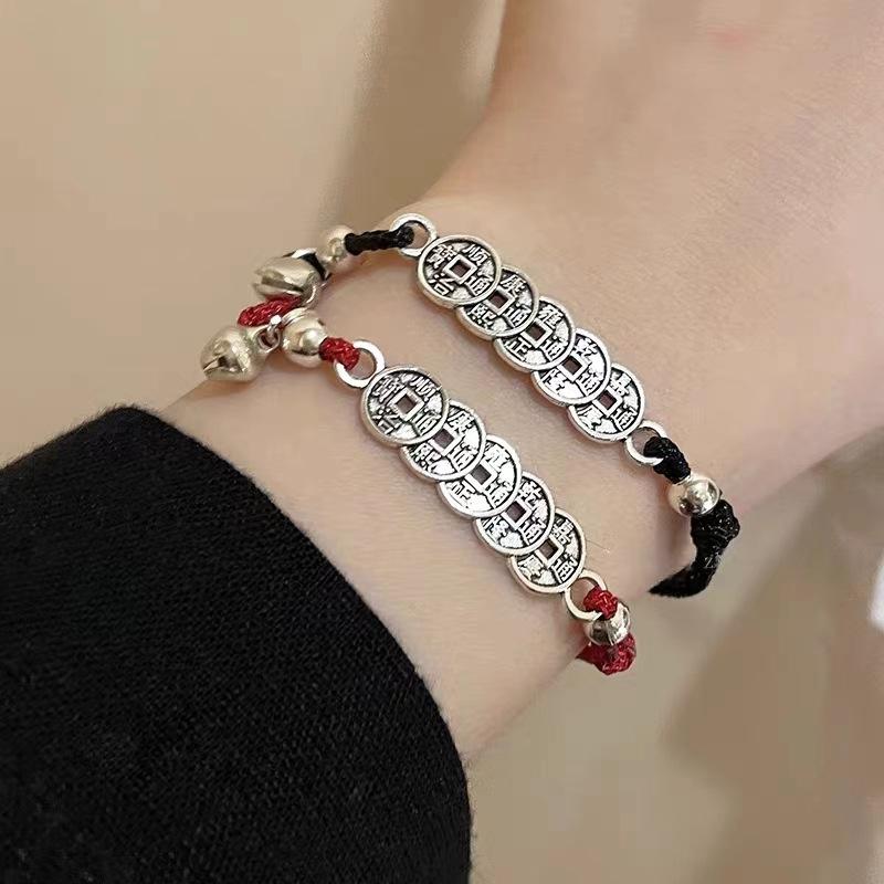 Stylish Chinese Red String Bracelet With Five Emperor Coins Plated Unisex Alloy