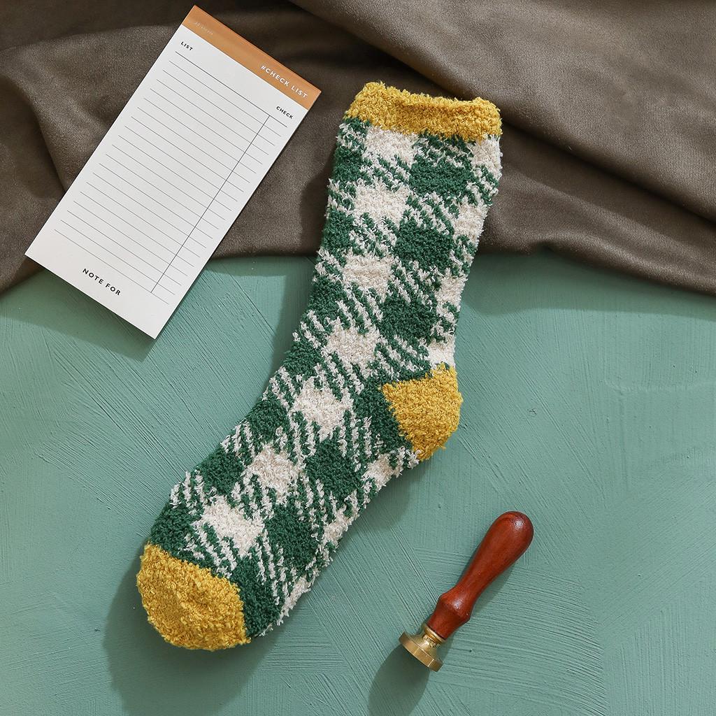 Fashion Home Women Girl Soft Bed Floor Plaid Socks Warm Sleeping Mid Stockings