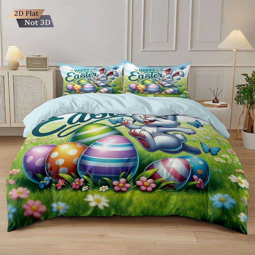 3pcs Easter Cute Rabbit Easter Egg Printed Core Free Down Duvet Cover Set Multi Size Bedding Decoration Machine Washable