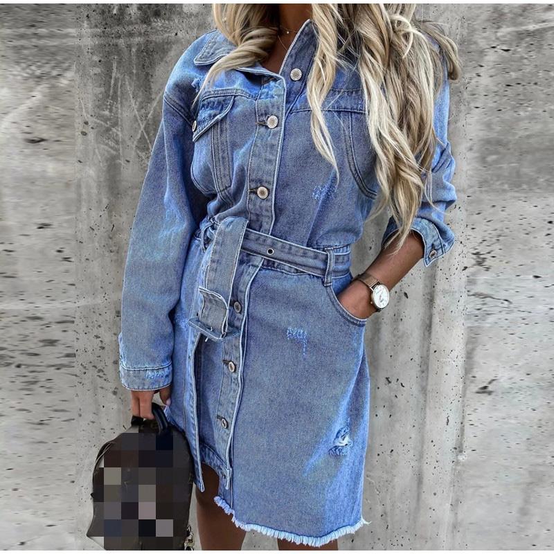 Slim Fit Denim Shirt Collar Long Sleeve Single Breasted Button Dress 2026 Spring Autumn Fashion Women's Dress Elegant Fashion Style