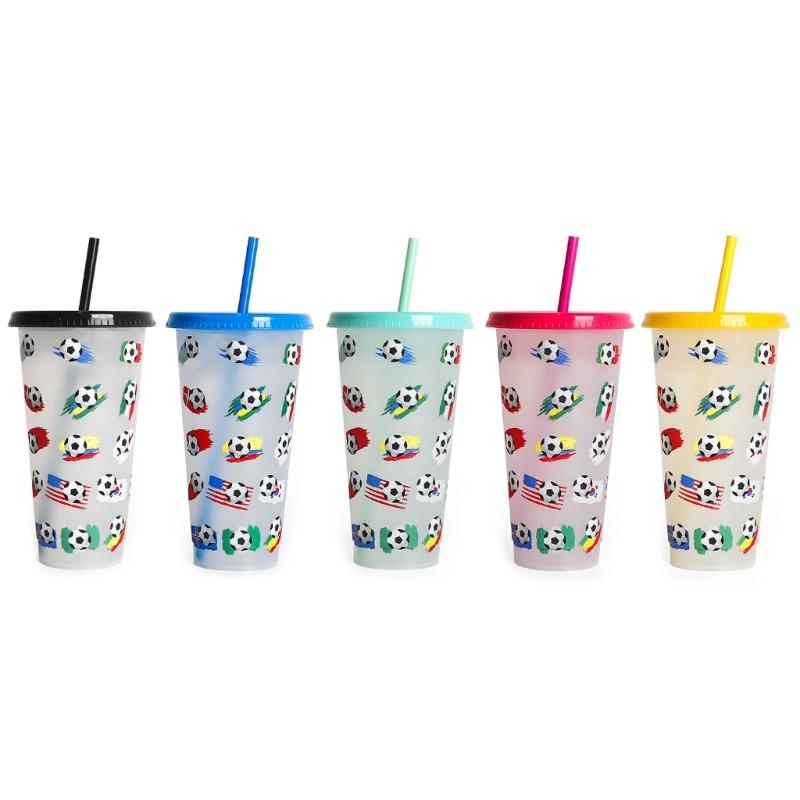 Color-Changing Water Bottle Portable Travel Mug Football Flag Water Drinking Cup with Straw & Lid Plastic-Tumblers