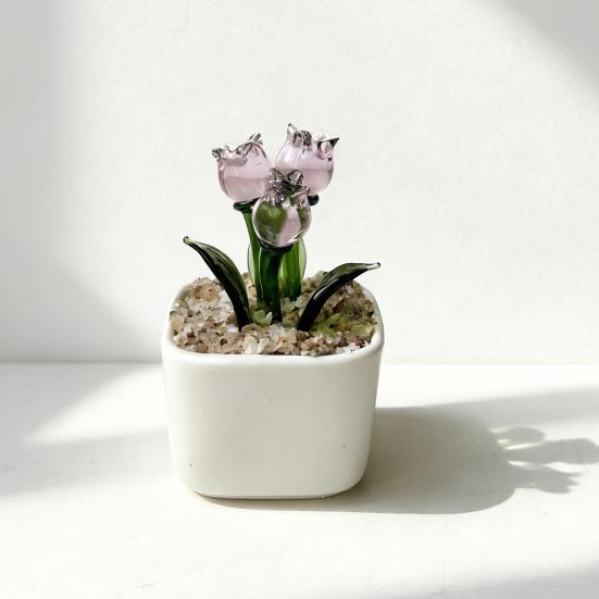 Mini Potted Glass Flower Decoration Miniature Tulip Flower Planter Pot Figurine Statue Home Office Bookshelf Desktop Ornament