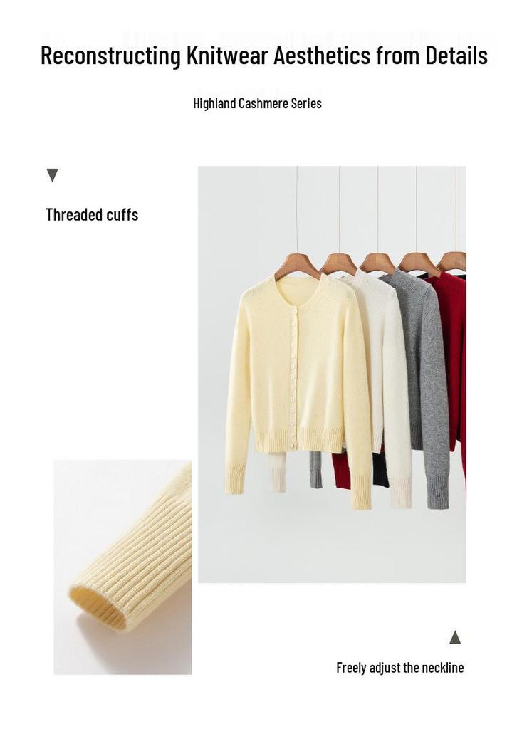 Cashmere Women's Round Neck Cardigan - 2026 Autumn/Winter, Single-Breasted, Solid Color, Versatile, Warm Outerwear.