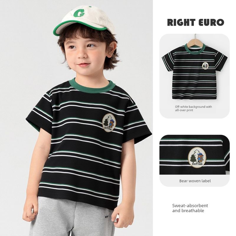Right European Style Boys  Short-Sleeved T-Shirt, Summer Clothing, New Children s Wear, Striped Top, Half-Sleeve, Summer Trendy Green and White Stripes on Black Background 110