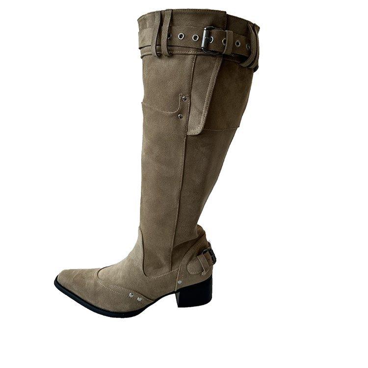 But knee boots women's 2025 autumn and winter khaki suede pointed boots children thick heel thin pleated piled boots