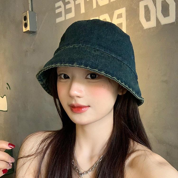 Retro and Old Washed Denim Versatile Bucket Hat Women's Summer Big Head Circumference Showing Face Small Sunshade Sunscreen Basin Hat