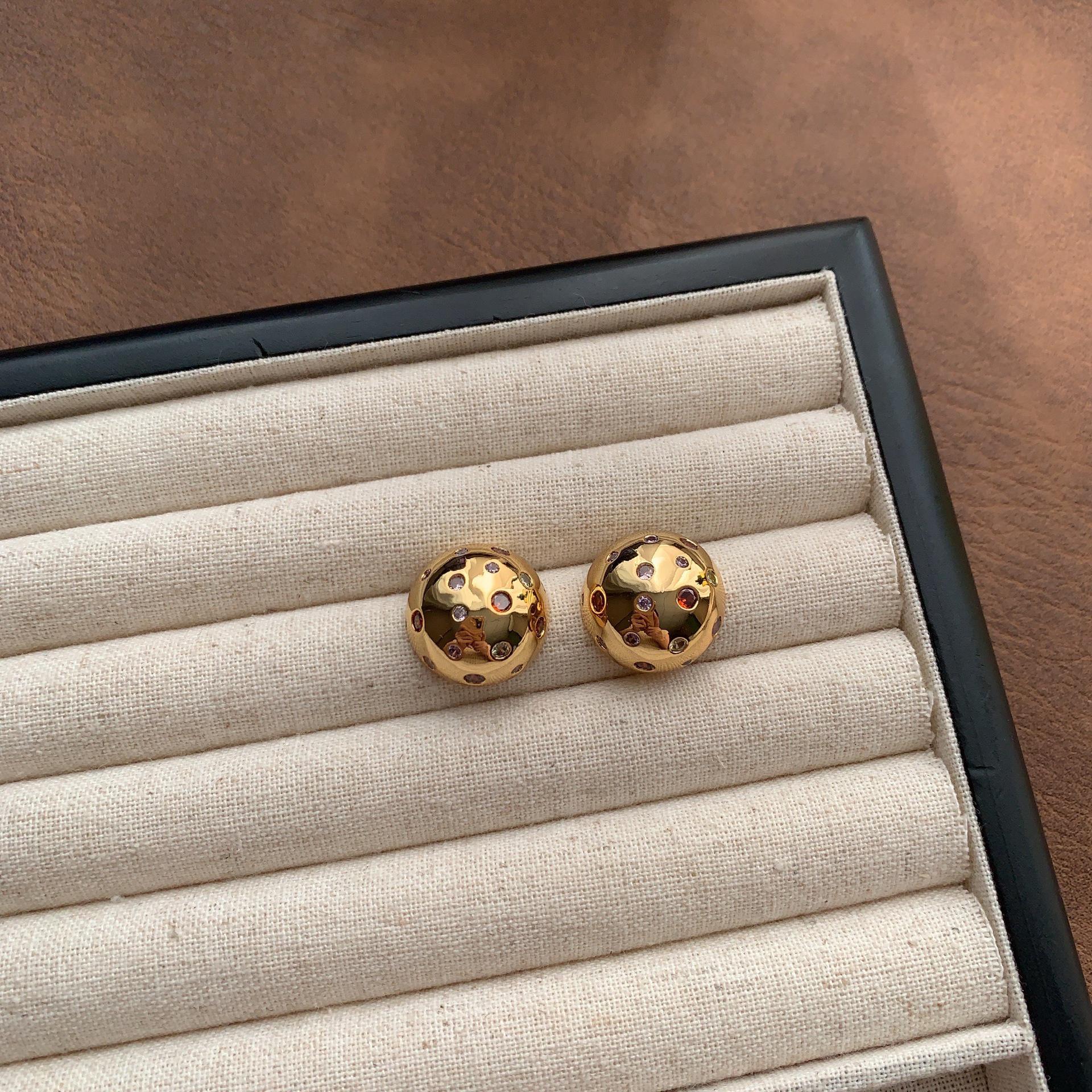 

Elegant Gold Bead Earrings with Colored Gemstone Inlay