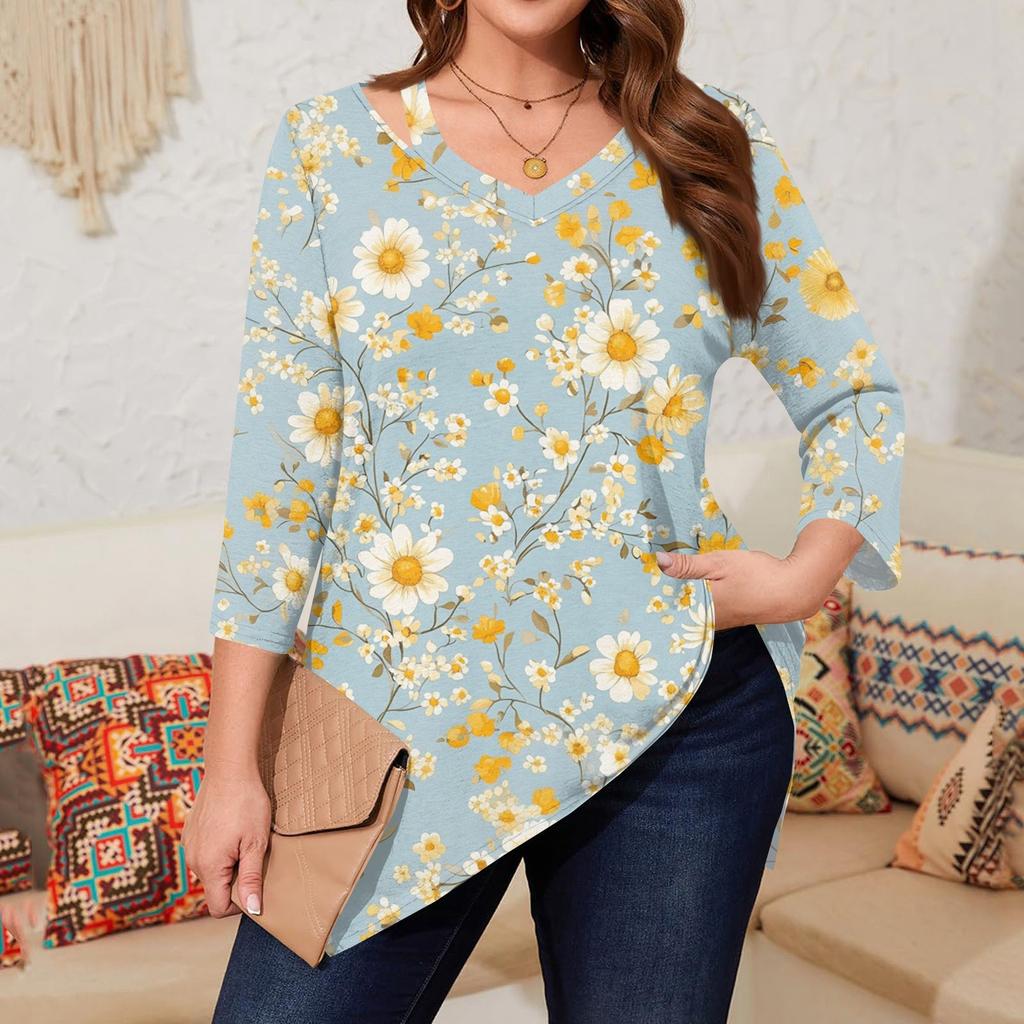 Top da donna stampati taglie forti scollo a V traforato maniche 3/4 camicia top casual eleganti