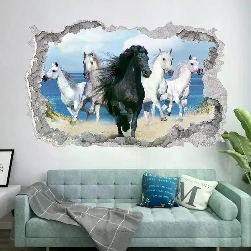 Poster Animale Buco Muro Rotto Arte Cavallo Bianco Che Corre Vinile Murale Adesivi Per Soggiorno
