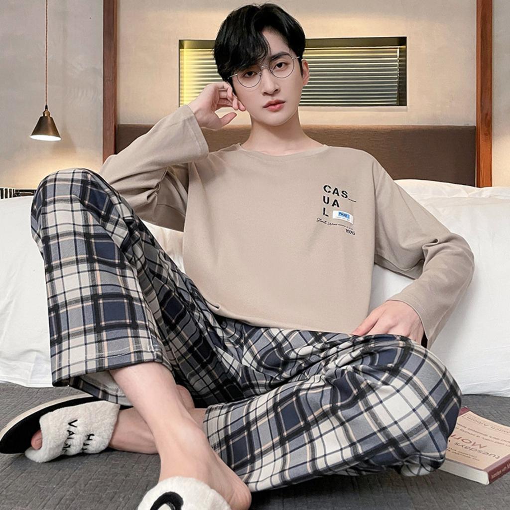 Pajamas Spring and Autumn Men's New Long Sleeve Outable Home Clothes Simple and Casual Large Set