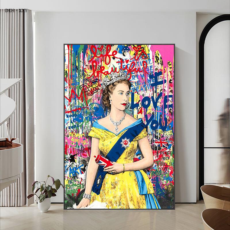 Ihre Majestät Königin Elizabeth II. Poster Königin von England Graffiti Leinwandgemälde Das Leben ist schön Wandkunst Bilder Heimdekor