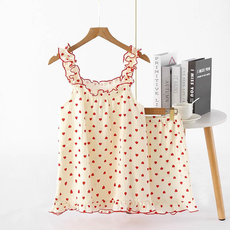 Cotton crepe pajamas for women, pure cotton fungus suspenders, short color, sweet and fresh summer loungewear