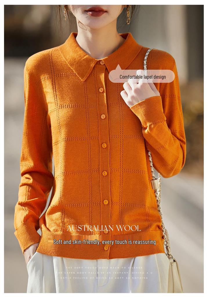 Women's Knit Lapel Cardigan: Light Hollow Jacket, Long Sleeve Spring/Summer Top