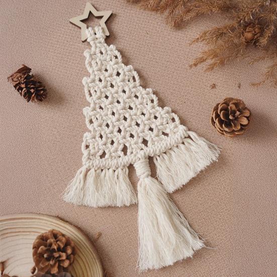 Cotton Rope Christmas Hanging Ornament Bohemia Hand Woven Wall Hanging Decoration with Wood Beads for Christmas Home Door