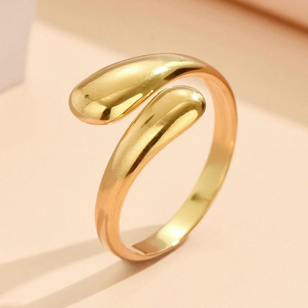 Gold Plated Stainless Steel Adjustable Water Drop Open Ring for Women
