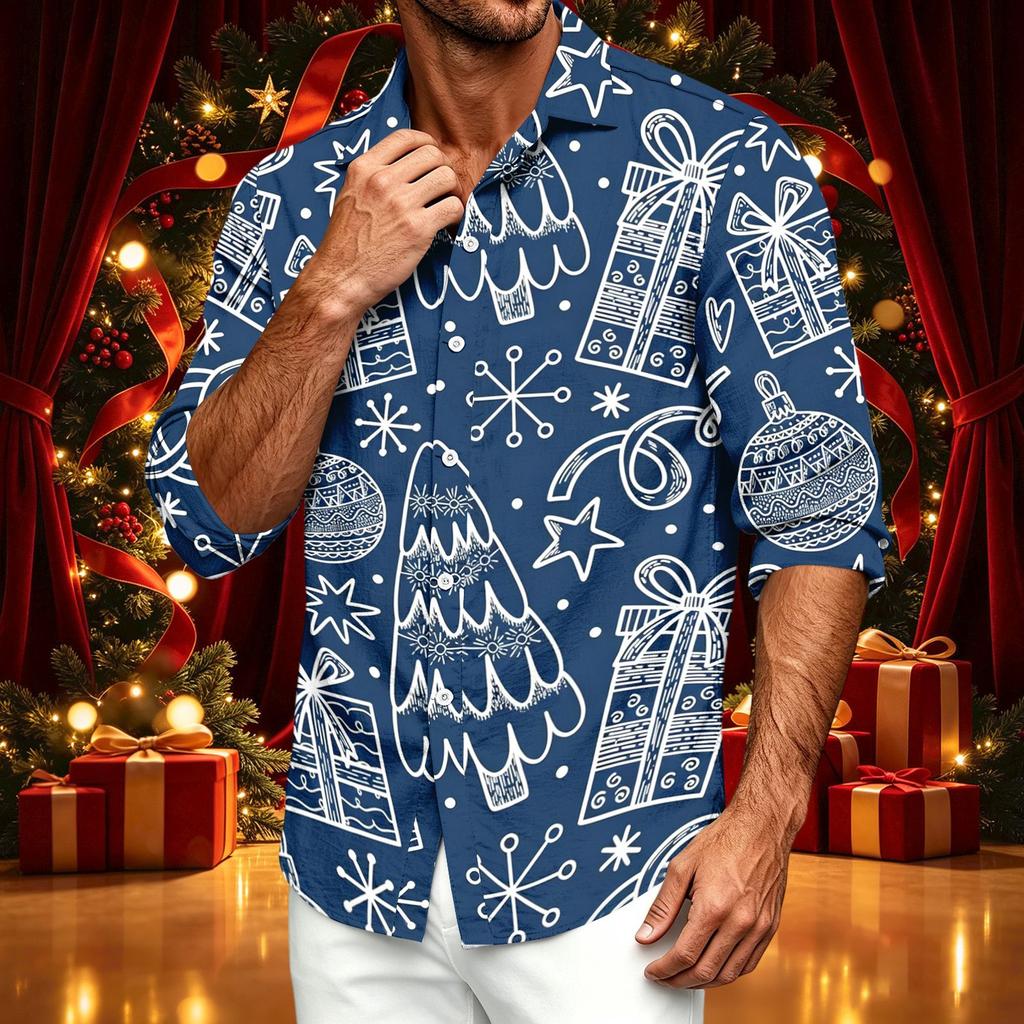 Men's Casual Long Sleeve Christmas Print Shirt for Holiday Party