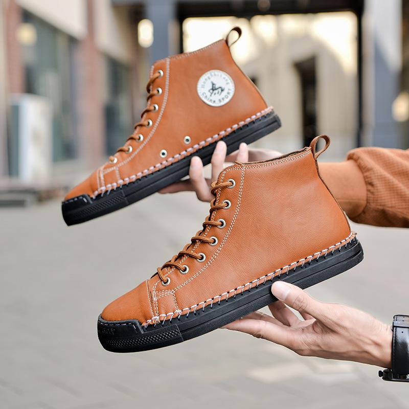 Foreign trade large size 4748 trendy fashion high-top leather shoes hand-stitched medium-top men's shoes Korean version casual shoes men's boots