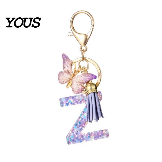 Key Holder For Backpack Purple Series Keychain Pendant, Sequins Star Initial Letter Charm Chain with Butterfly Tassel Design, A-Z for Bag