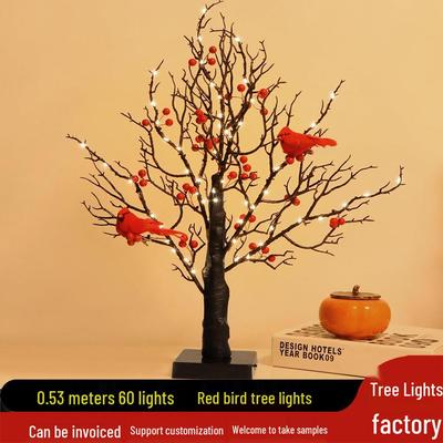 Christmas LED String Lights with Red Berries and Birds - Festive Tabletop Ornaments and Tree Decor