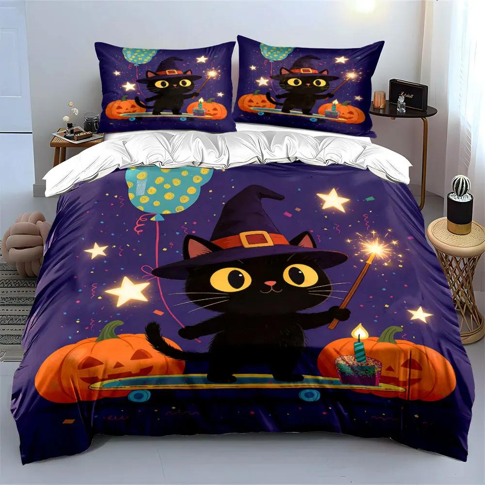 Halloween Witch Cat Set Soft Comfortable Duvet Cover Bedding Set Included 1*Duvet Cover & 2*Pillowcases gift