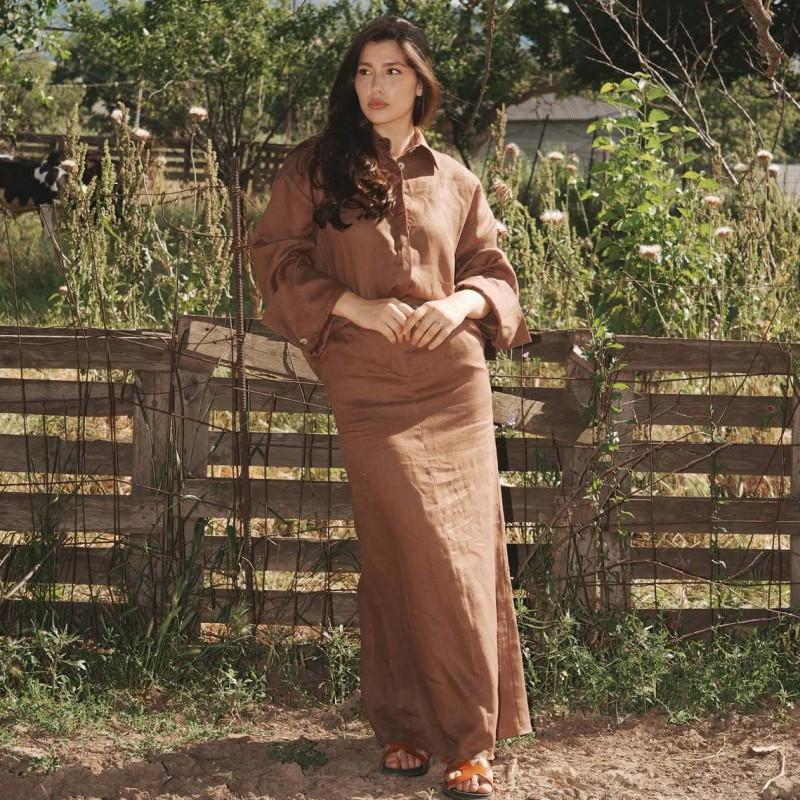 Womens 2026 Casual 2-Piece Set Loose Long Sleeve Shirt Maxi Skirt Solid Color Elegant