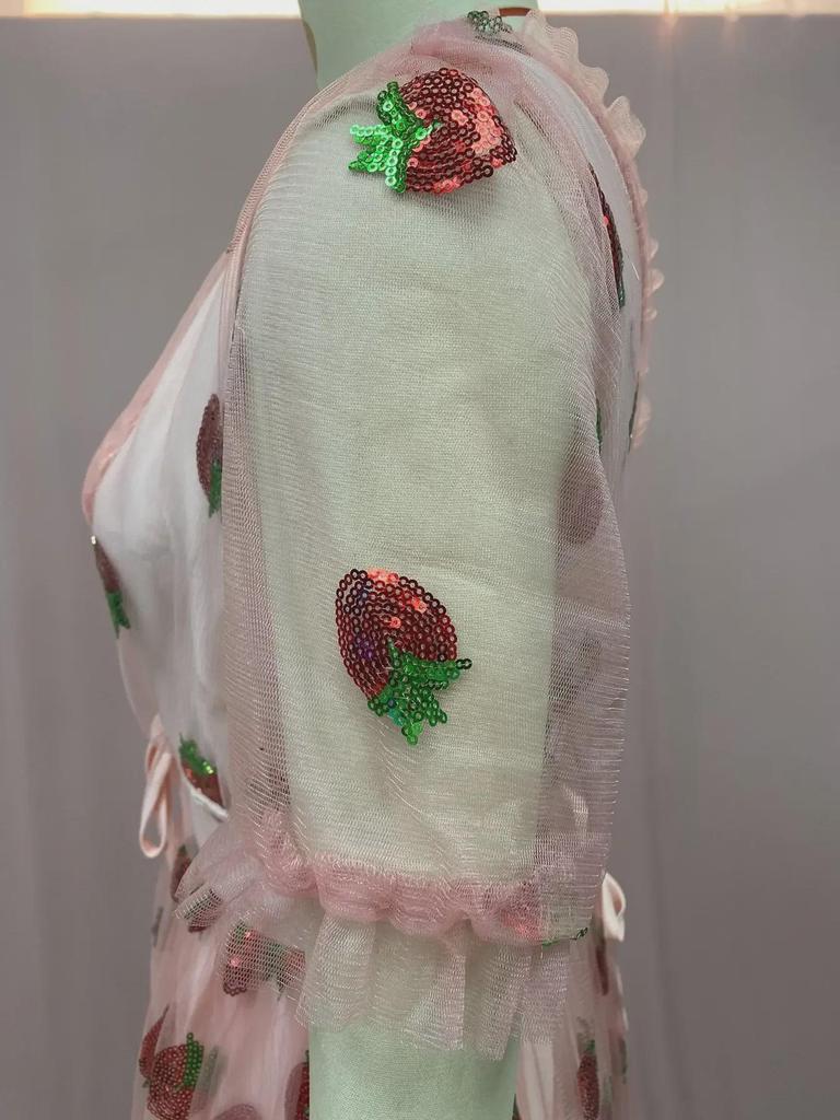 French Strawberry Sequin Pleated Dress with Mesh Straps - Summer Long Skirt, Two-Tone Design, 25 Options (LS8265)
