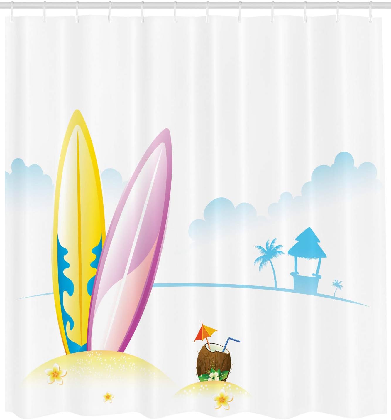 Surfboard Shower Curtain with Hooks – Cartoon Surfboards & Coconut Drink, Beach Bungalow Horizon, Aqua Yellow Tropical Decor 90x180cm35x71in