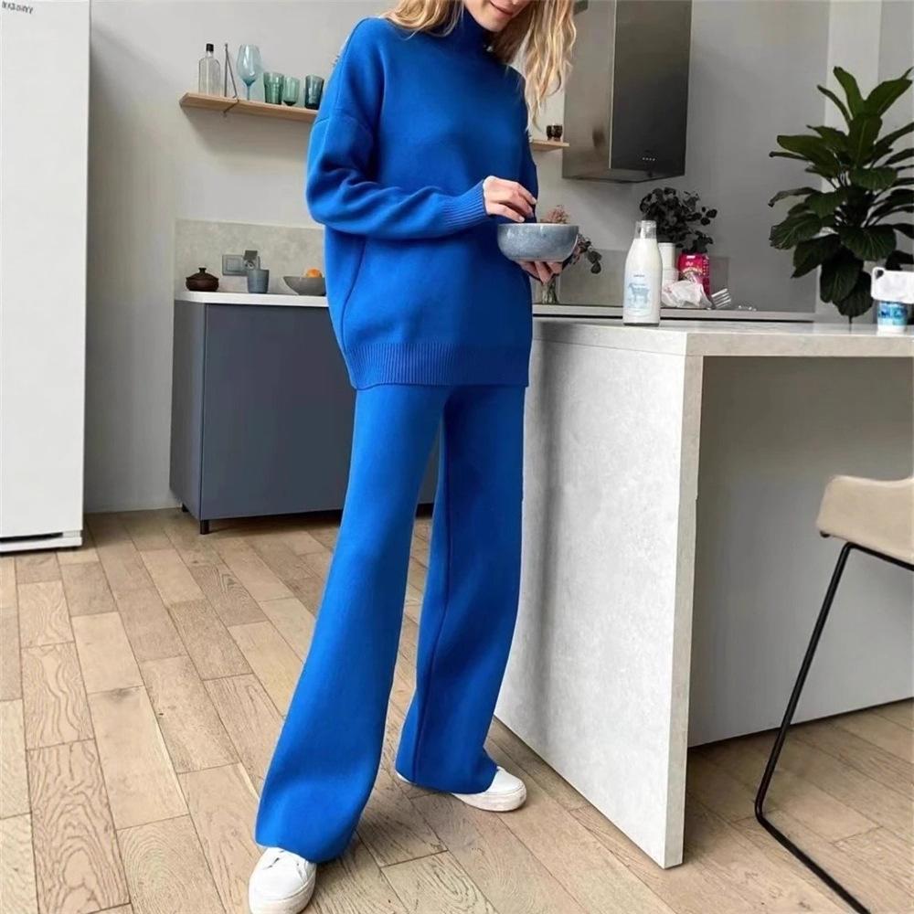 Autumn Winter 2 Pieces Women Sets Knitted Tracksuit Turtleneck Sweater and Straight Jogging Pants Suits