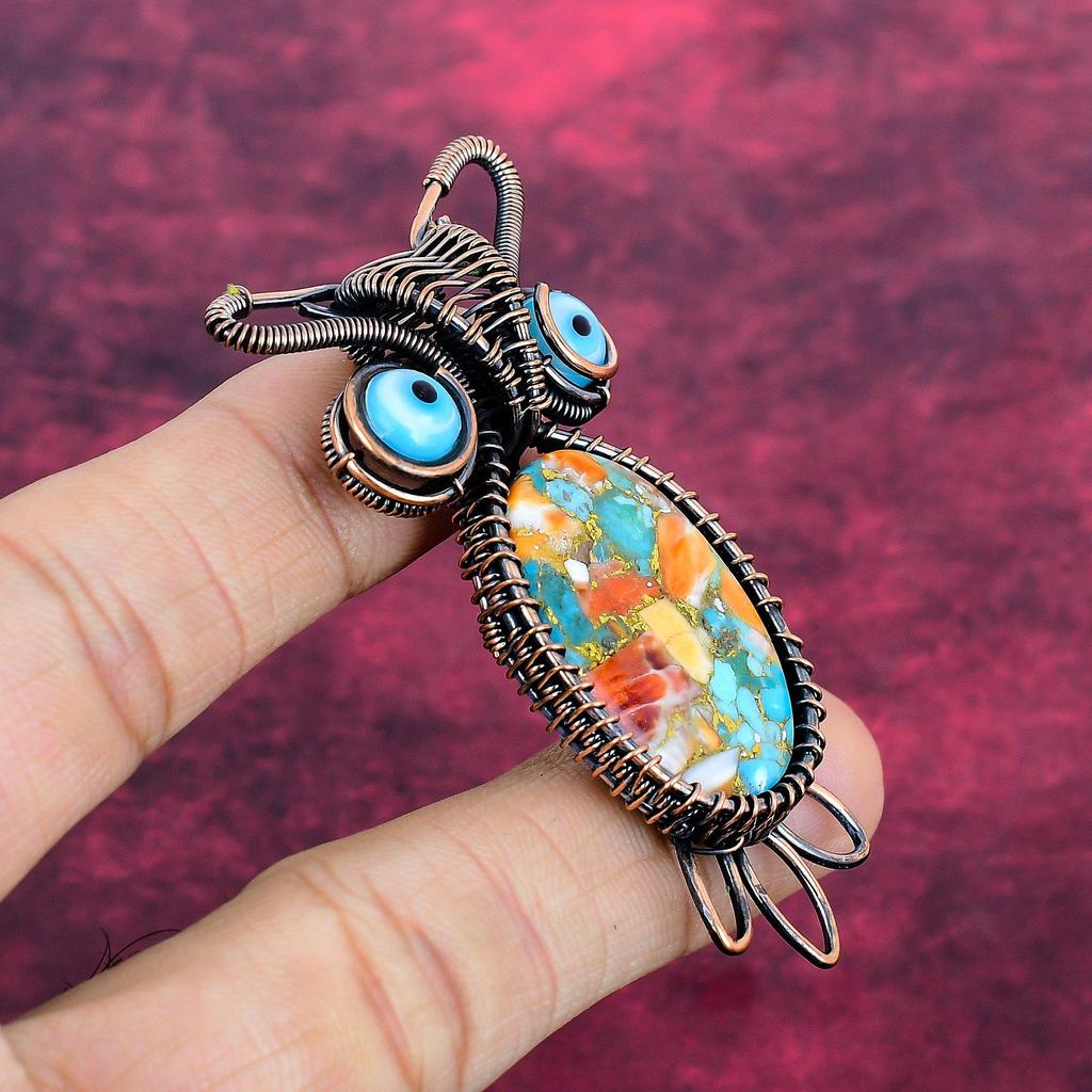 Spiny Oyster Copper Turquoise Pendant Gemstone Owl Jewelry Copper Wire Wrapped Pendant Blue Evil Eye Jewelry